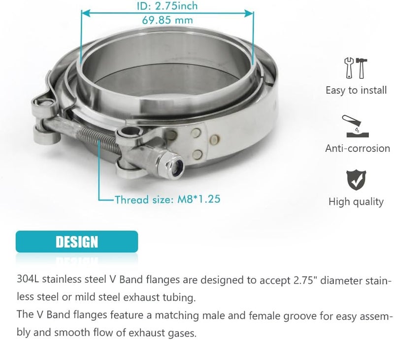 A ABIGAIL 2.75 Inch 2.75" Stainless Steel Exhaust V Band Clamp Male Female Flange Assembly - Image 2